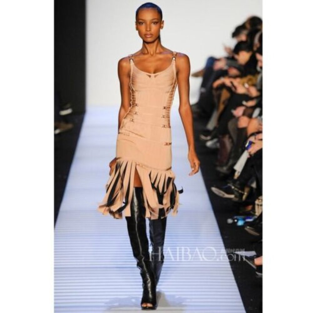 Herve Leger Nude/Black Drop Waist Bandage Dress Size S